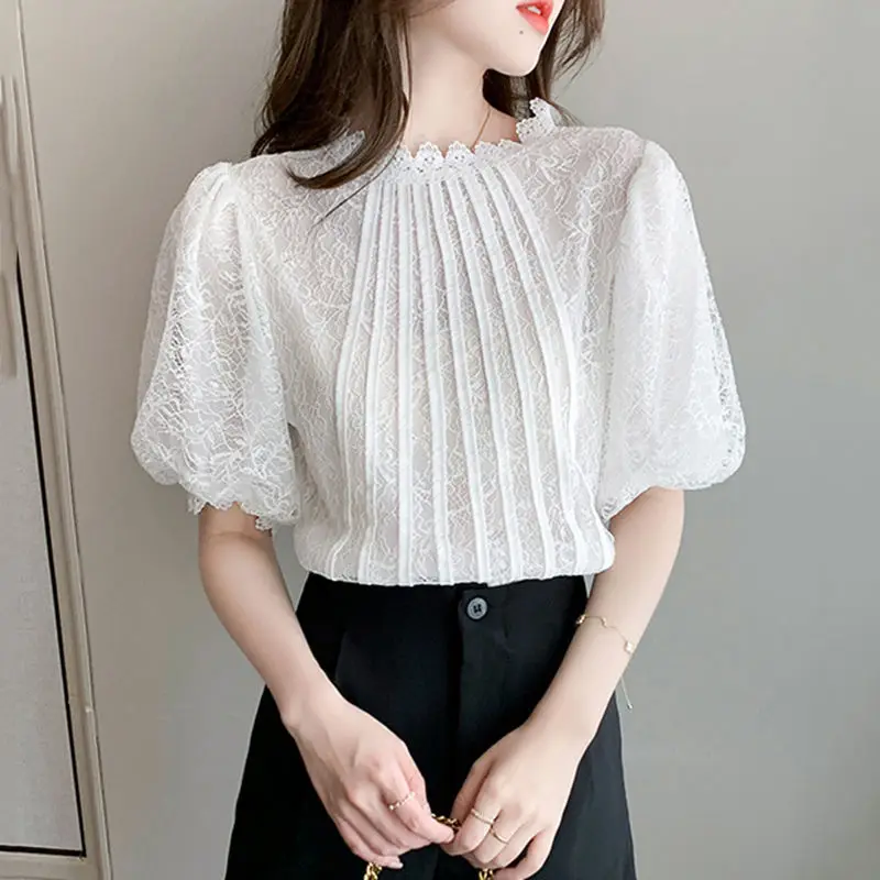 Zomer Vrouwen Lace Edge Waisted Korte Mouw Franse Koreaanse Commuter Losse Veelzijdige Chiffon Hollow Mesh Trui Stand Kraag