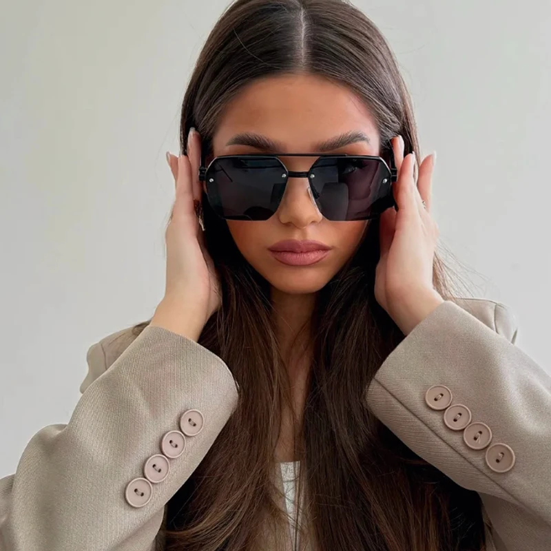 Ciclismo 3 uds gafas de sol cuadradas de Metal de medio marco uñas de arroz doble vigas gafas de sol marco grande lentes degradados UV400