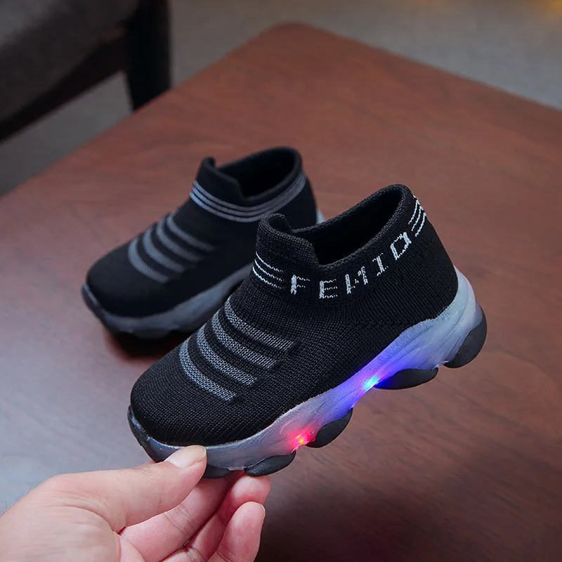 Tênis infantis com luz LED, Sapatos para meninos e meninas com letras, Meia de malha, Baby Light Shoes