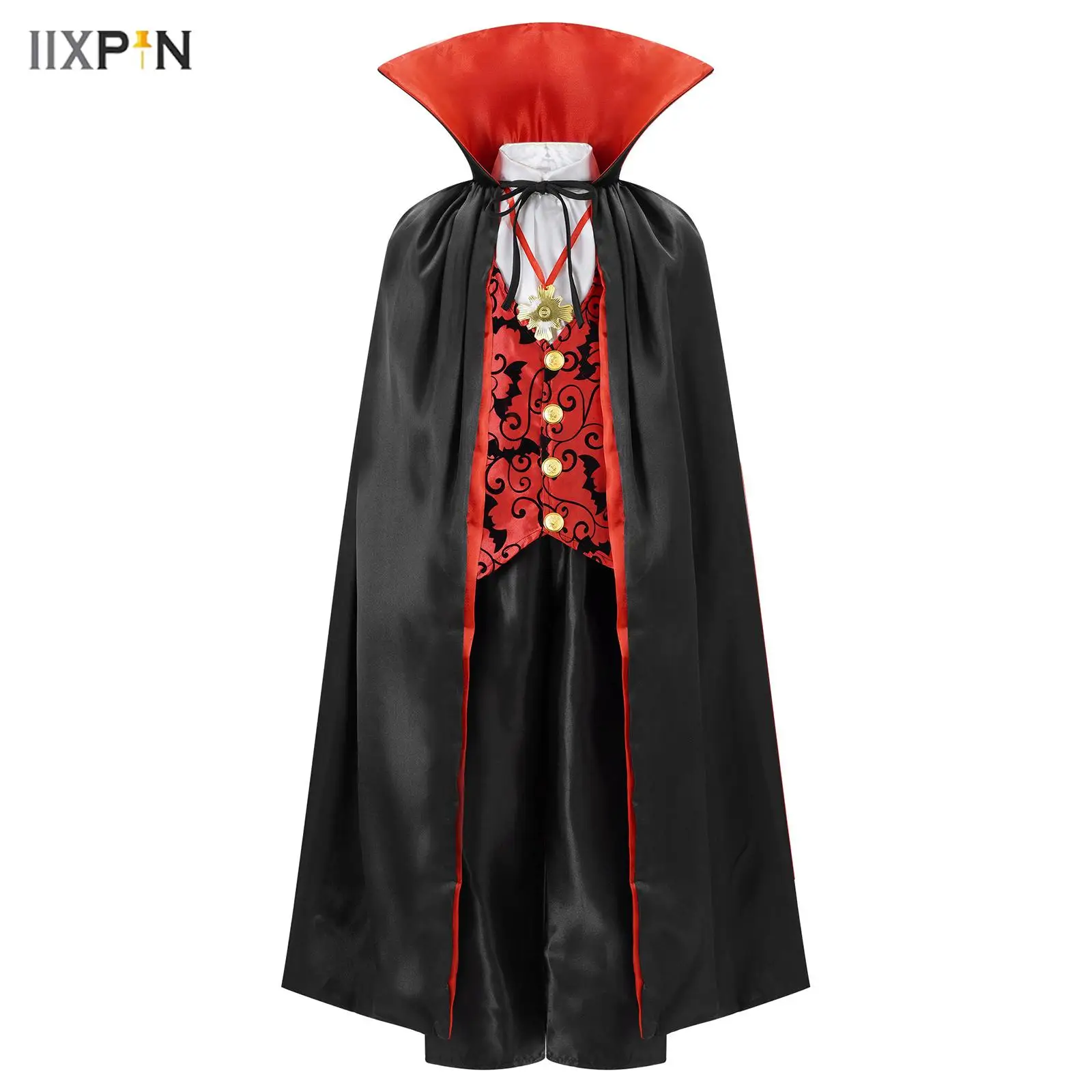 

Boys Girls Halloween Vampire Dress Up Costumes Fake Two Piece Tops Long Pants Stand Collar Cloak Suit Masquerade Cosplay Outfit