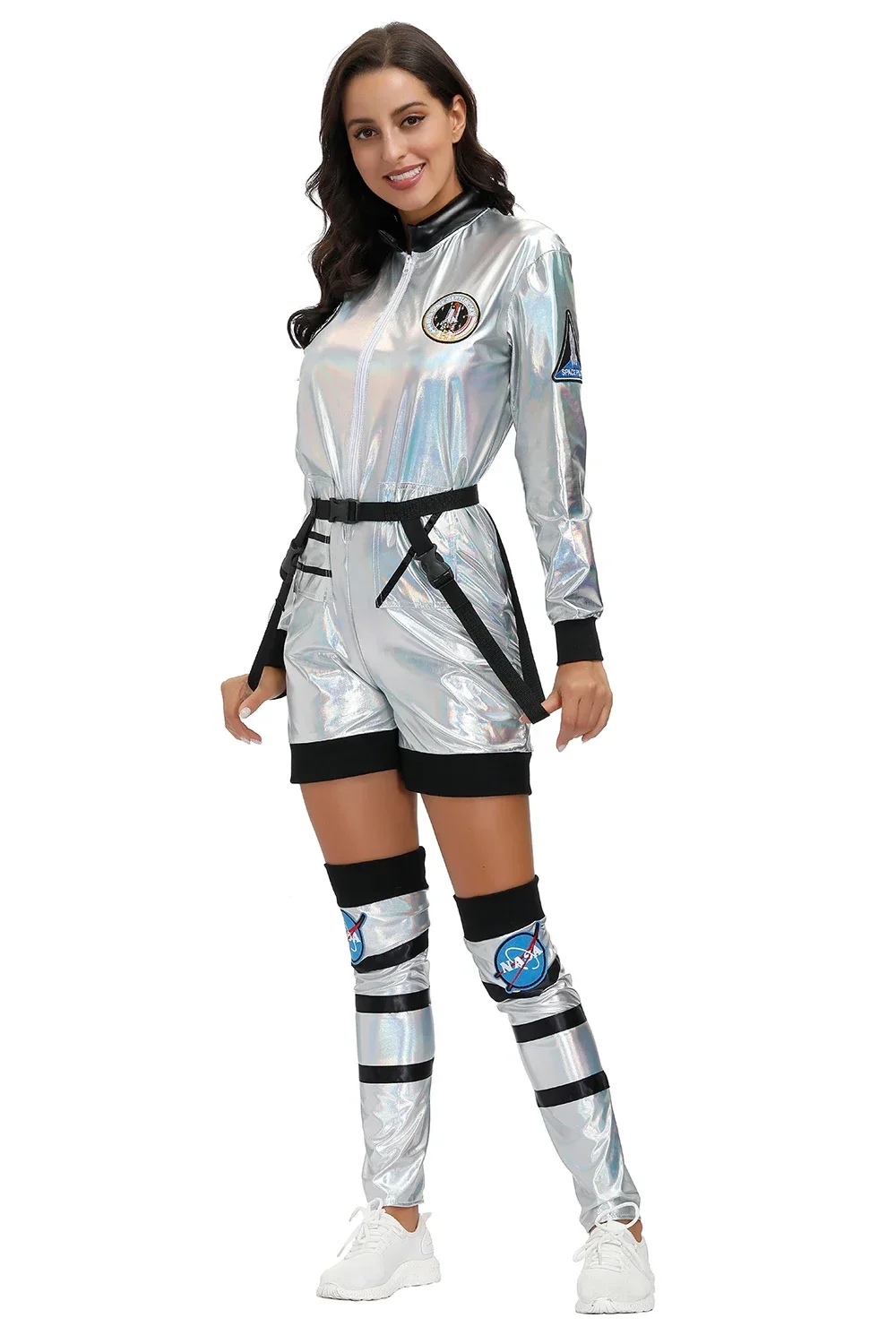 Women Astronaut Jumpsuit Costume Adult Silver Alien Spaceman Pilots Outfits