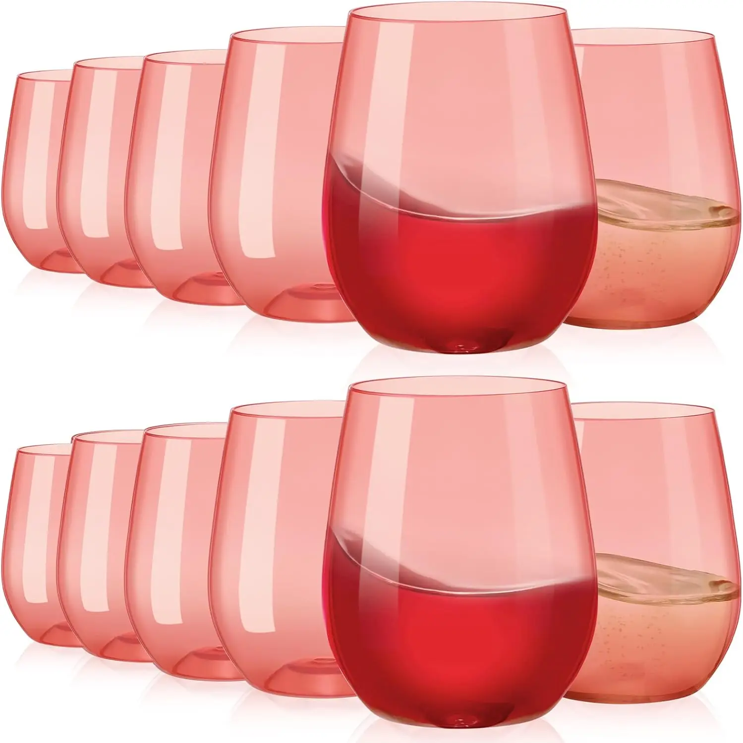 

12 Pcs Pink Red Plastic Stemless Wine Glasses Bulk Reusable Colored Unbreakable Valentines Party Wine Cups for Indoor Ou