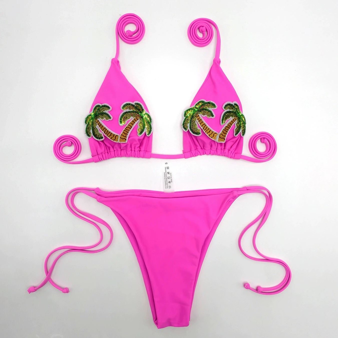 

Melphieer Swim 2pcs Women's Summer Beach Holiday Brazilian 3D Palm Trees Sequins Sparkle Plain Halter Strap Bikini Swimwear Set