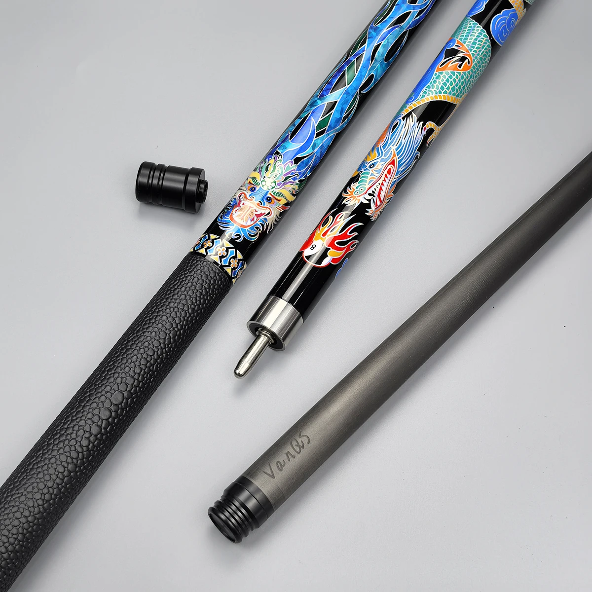 High-end 100% Carbon Fiber  VanQS 1/2-pc  12.5mm Tip Classic Dragon Style Billiard Pool Cue with Joint Protector Leather Wrap