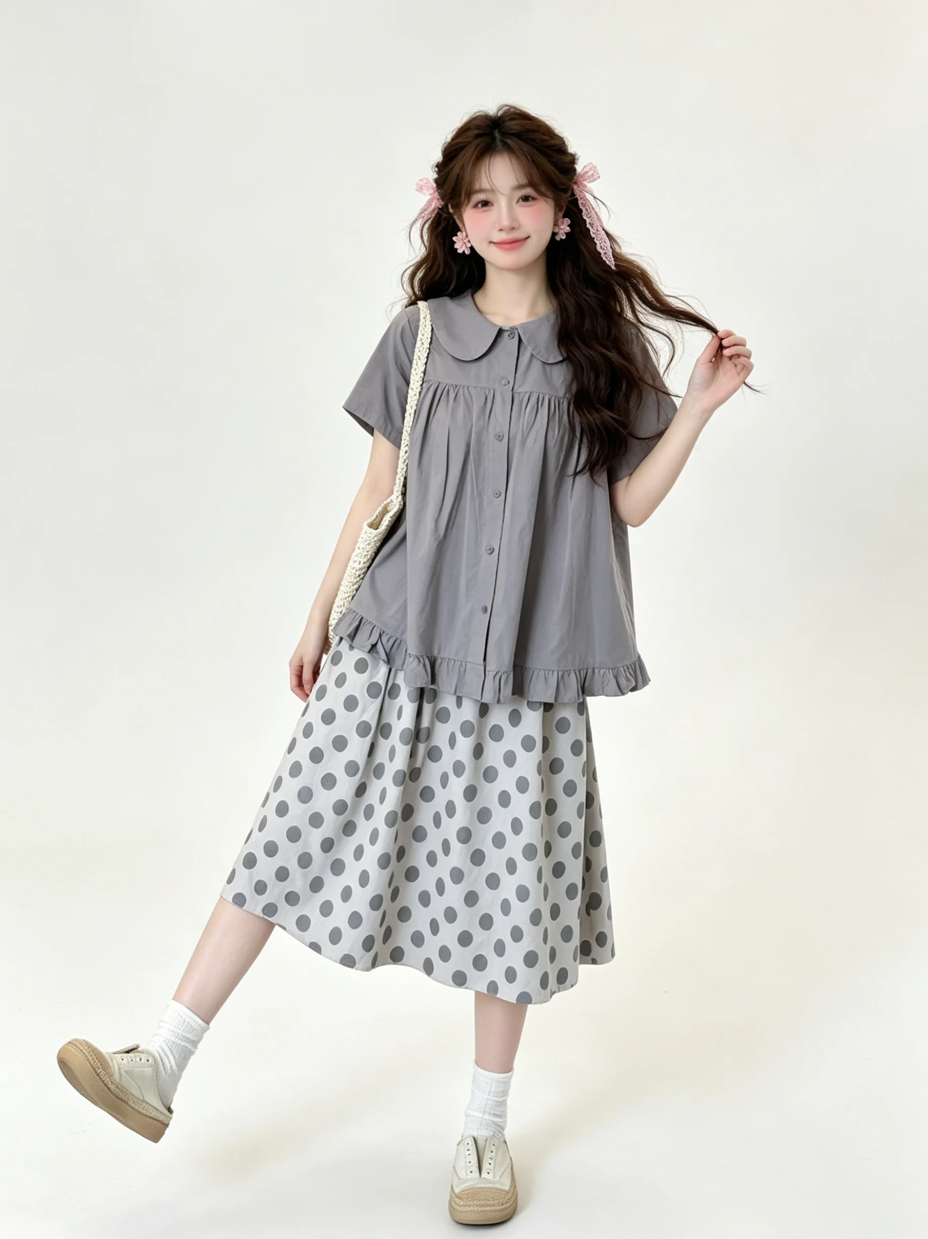 

Early Taste Summer Artistic Short Sleeve Doll Collar Women's Set High Waist Polka Dot Skirt Breathable Lightweight Fashion
