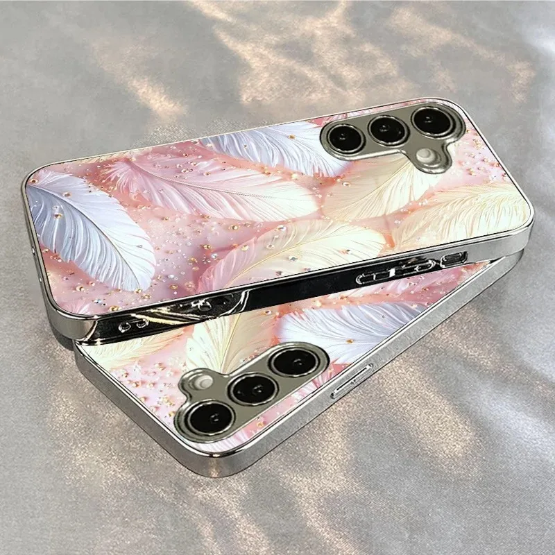 Pastel Feather Tempered Glass Phone Case For Samsung GalaxyS26 25 24 23 22 Ultra FE Anti-drop Full Lens Protective Cover