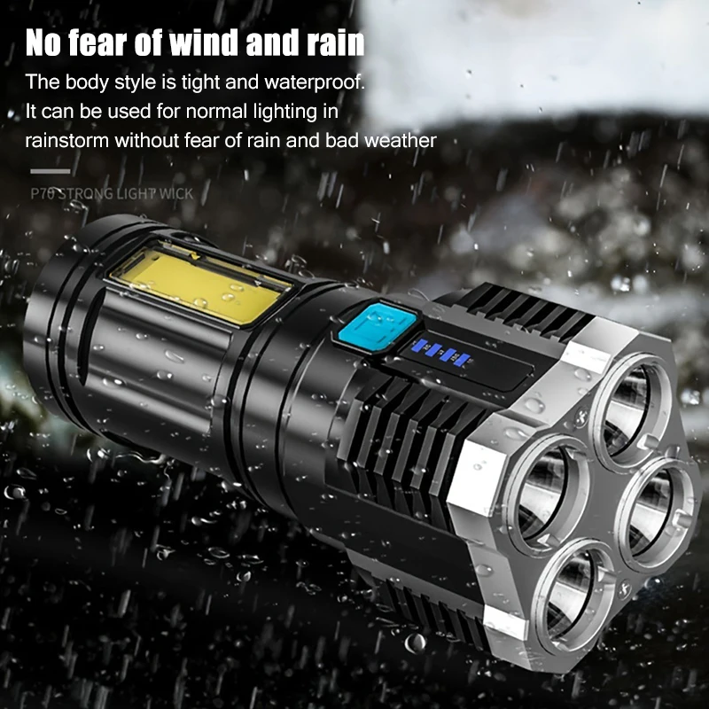 4-core High Power LED Flashlights Outdoor Camping Torch With 4 Lamp Beads And COB Side Light Rechargeable Portable Hand Lantern