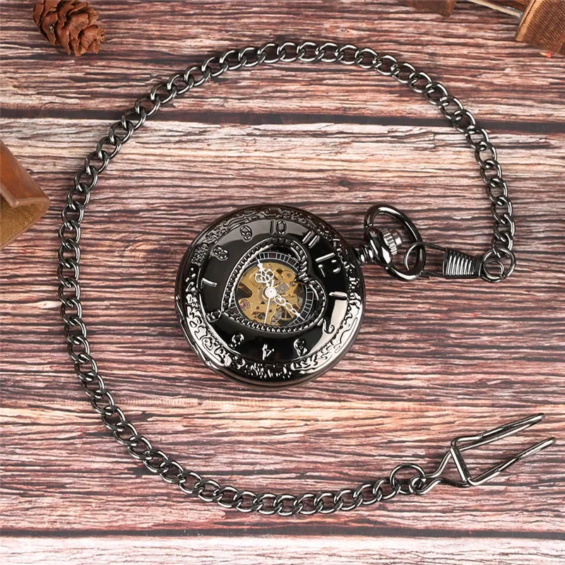 Retro Black Heart Shape Half Hunter Unisex Handwinding Mechanical Pocket Watch Steampunk Pendant Chain Clock Gift Men Women