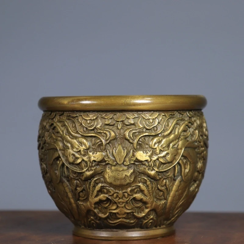 Pure Brass Double Dragon Palace Jar, Exquisitely Carved, Home Entryway Office Desktop Ornament, Craft Item, Collectible Gift