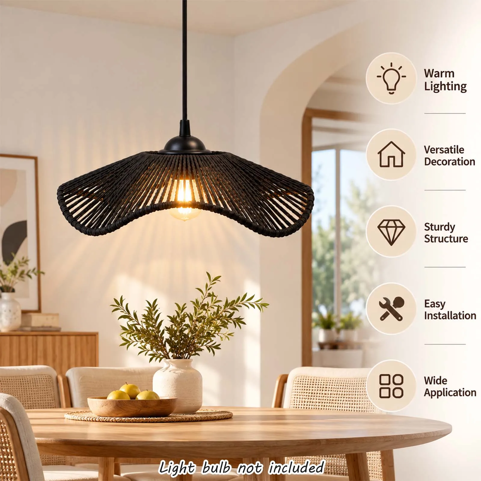 Pendant Lamp, Black Woven Umbrella Shade, Straw Hat Design, E27, Japandi, Dining Room Living Room Foyer