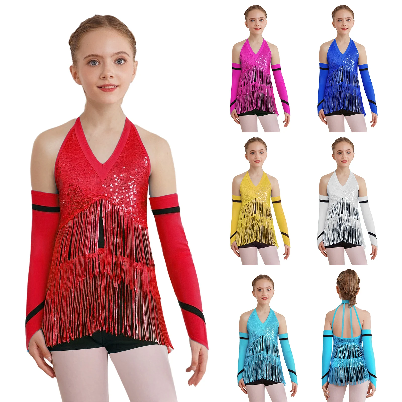 Vestido de leotardo de baile latino con borlas para niñas y niños, mono con flecos de diamantes de imitación + guantes, trajes para actuación de patinaje de Tango ChaCha Salsa