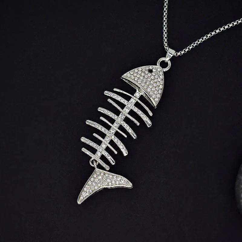 Movable Fish Bone Necklace Inlaid Rhinestone Fishtail Pendant Necklace Men's Women's Fashion Creative Long Necklace Wholesale