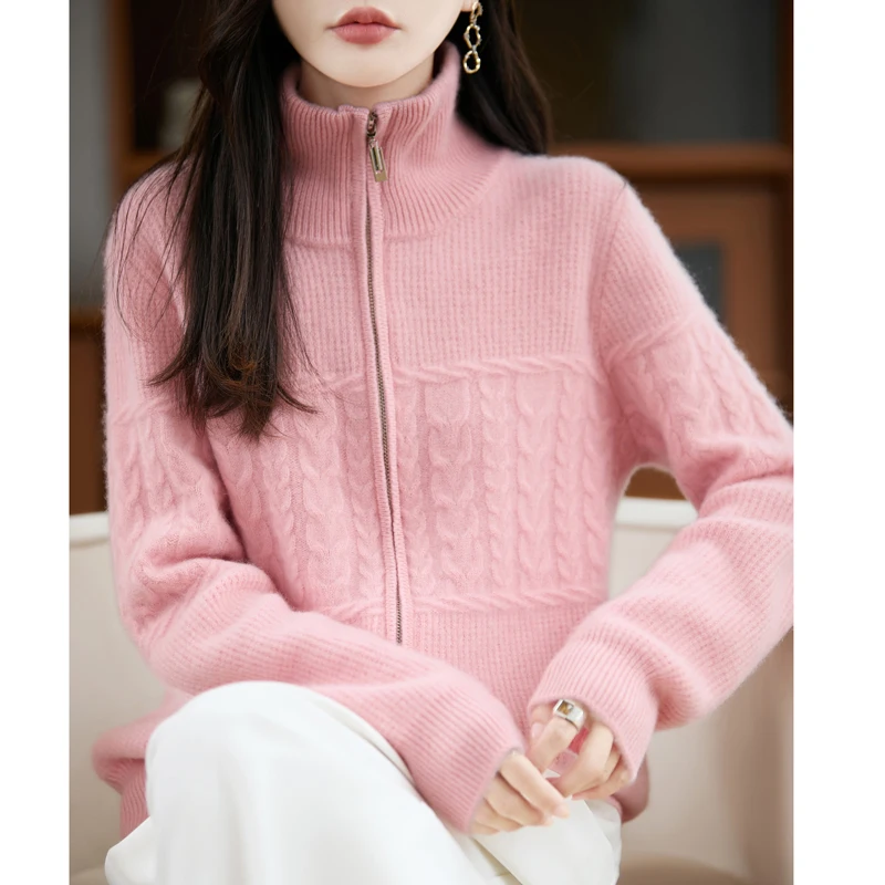 

100% Merino Wool Sweater Women Long Sleeve Zipper Cardigan Soft Wool Knitwear Autumn Winter Thick Coat Female Clothing Top
