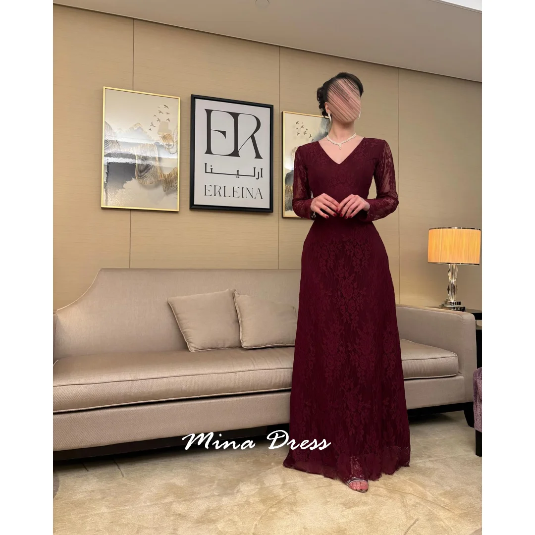 Mina Aangepaste wijnrode avondjurk Luxe elegante formele damesjurken voor speciale gelegenheden V-hals met lange mouwen Feest