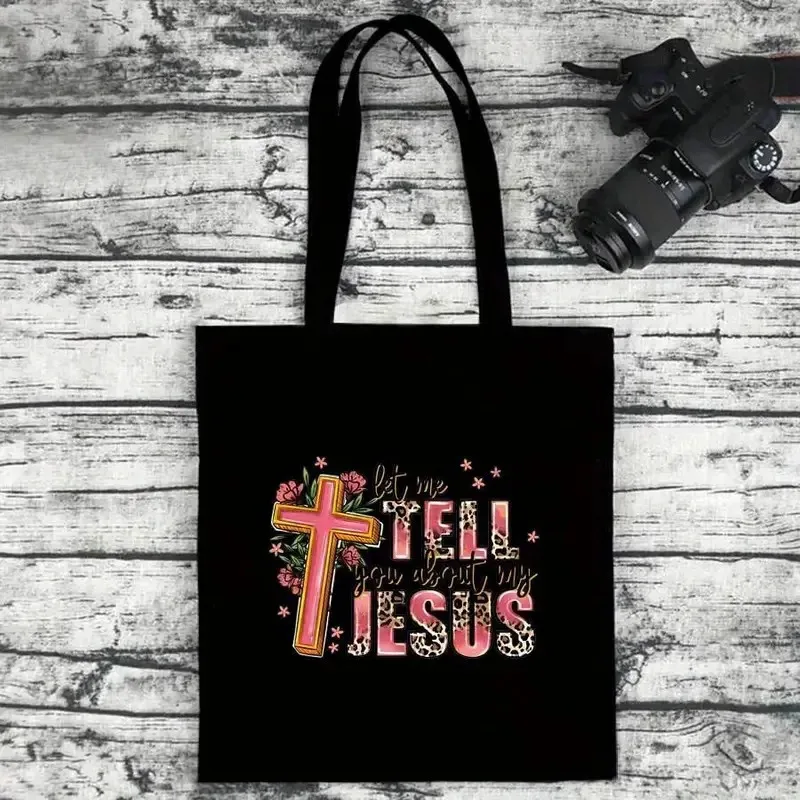 

Let Me Tell You About My Jesus Canvas Tote Bag Christian Cross Graphic Shopper Bag Religious Gift Shoulder Handbag