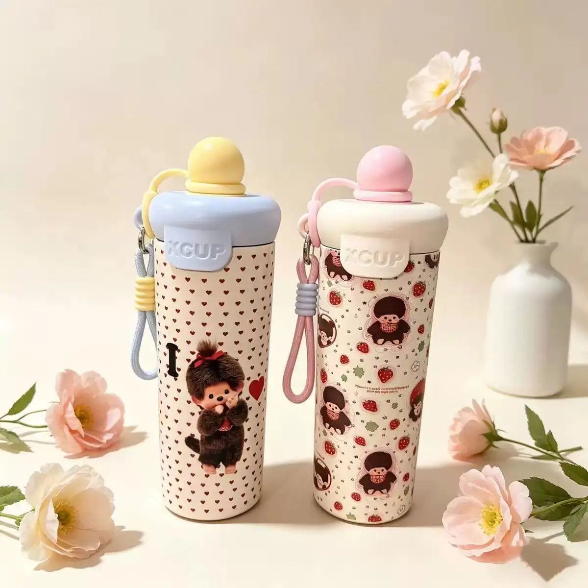 

600ml new Qiqi travel cup portable handle straw cup cute cartoon double-layer thermos water bottle