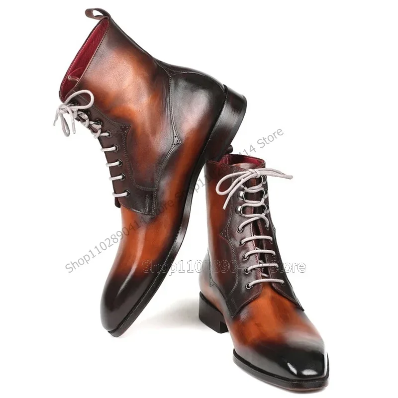 

Brown Black Gradient Color Square Toe Strappy Boots Fashion Lace Up Men Shoes Luxurious Handmade Party Banquet Men Dress Shoes