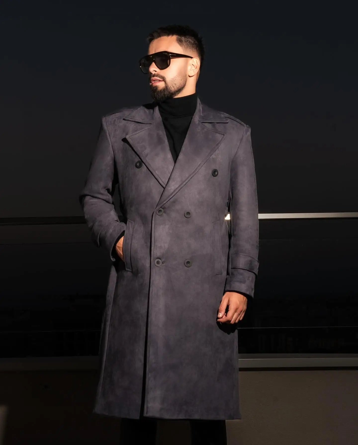 Classic Grey Suede Trench Coat with Double-Breasted Notch Lapel Men Winter Business Long Overcoat Outerwear Customized E2612