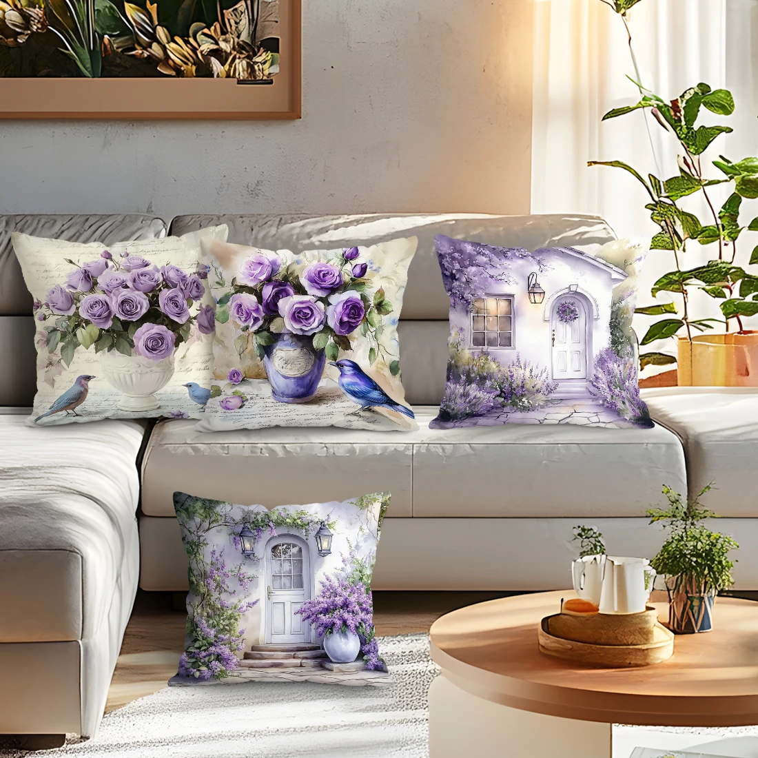 1 Uds. Funda de almohada de flores moradas, fundas de cojines cuadradas para dormitorio, fundas de almohada cómodas para silla con cremallera, decoración para sofá y sala de estar ﻿