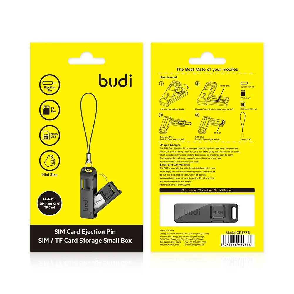 1pcs BUDI SIM Card Removal Needle Pin & Anti-lost Tray Flash Drive Keychain Phone SIM TF Card Storage Case Ejecter Tool Needle 