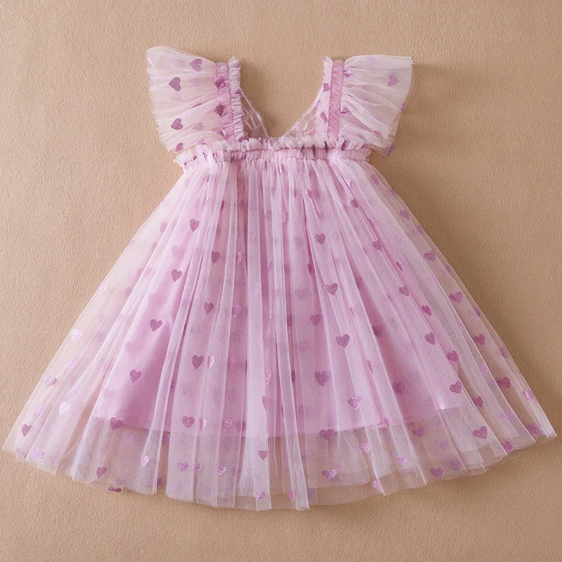 Baby Girl Party Dress Princess Birthday Clothes Back Bow Wing Solid Color Strap Tulle Dress Summer Sequin Stars Mesh Baby Dress