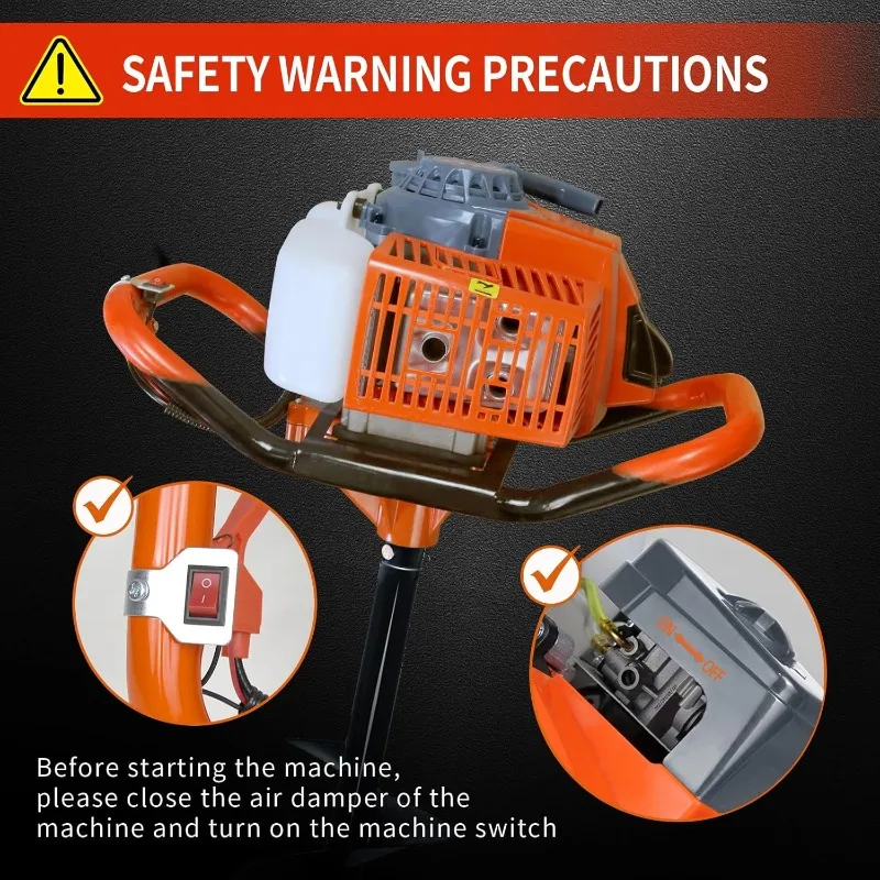 حفار ثقب آخر 72cc ثنائي الأشواط يعمل بالغاز البنزين مع قضبان تمديد (24) بوصة و24 بوصة) + 3 لقم ثقب (3 بوصة 5 بوصة و8 بوصة #6