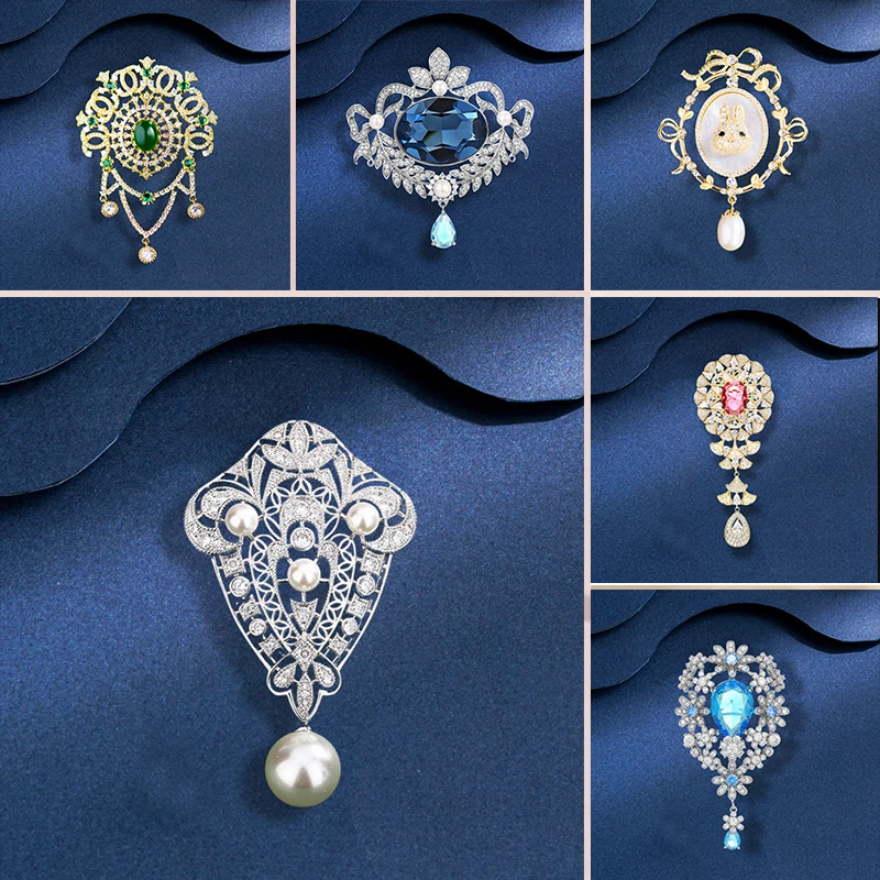 OKILY Palace Elegance Zircon Brooch Pins Temperament Natural Freshwater Pearl Pendant Geometry Woman Brooche Jewelry Accessori