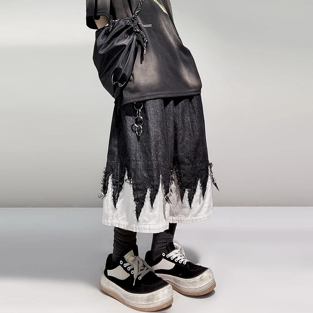ARENS Patchwork Denim Shorts Mens Streetwear Hip Hop Knee Length Pants Harajuku Vintage Baggy Casual Wide-leg Jeans Short Male