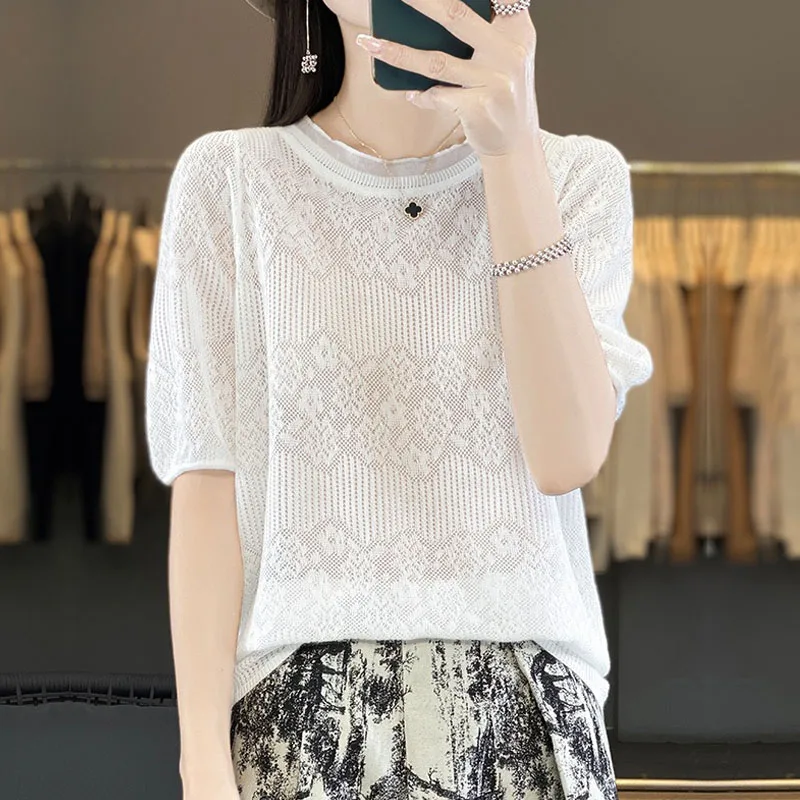 

Модный трикотаж с коротким рукавом, вязаный свитер, женские пуловеры, вязаный свитер с круглым вырезом, пуловер, женские топы, ажурные свитера Q2751