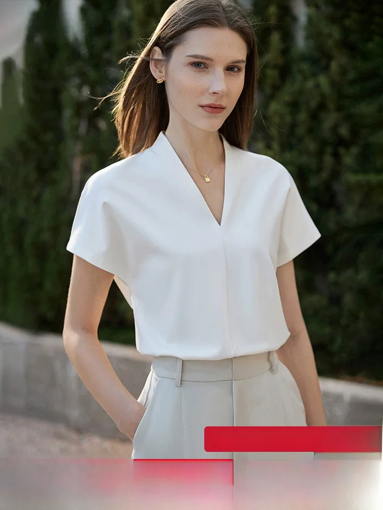 

Summer New Style Simple Elegance V-neck Short Sleeve Color Women's High Elasticity T-shirt Straight Tube Commute