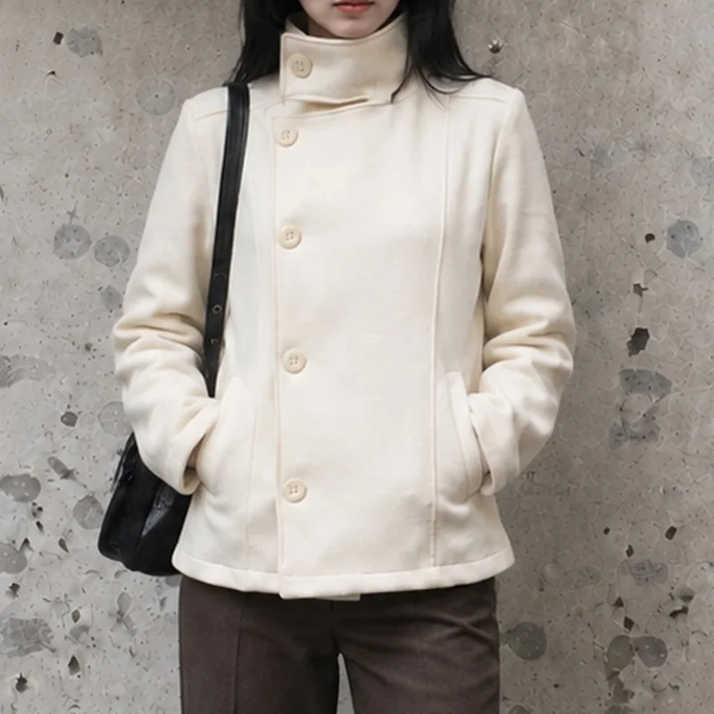 2026 Women Fall Winter Stand Collar Short Coat Single Breasted Button Woolen Jacket Long Sleeve Outerwear with Side Pockets