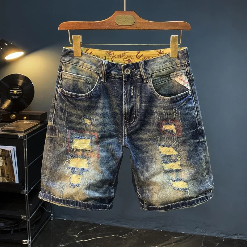 Vintage Perforated Denim Pants For Men, American Style, Versatile, Casual Summer Knee-Length Pants