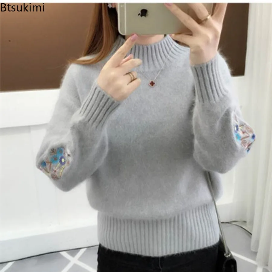 Damski sweter z haftowanymi rękawami na jesień i zimę, dzianinowy pulower z długimi rękawami, odzież damska, vintage, luźny sweter z półgolfem.