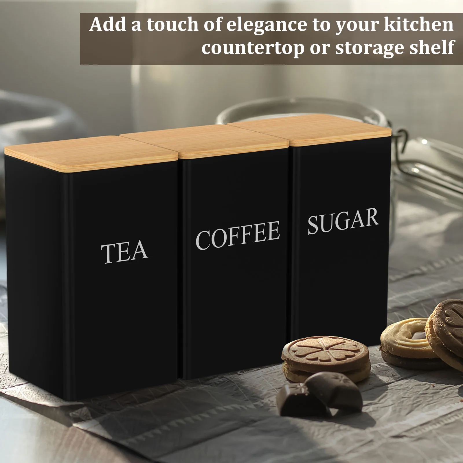 Coffee Bean Storage With Bamboo Lid 1000 ML Metal Coffee Tea Sugar Container Square Tea Canister Storage Jar Kitchen Supplies