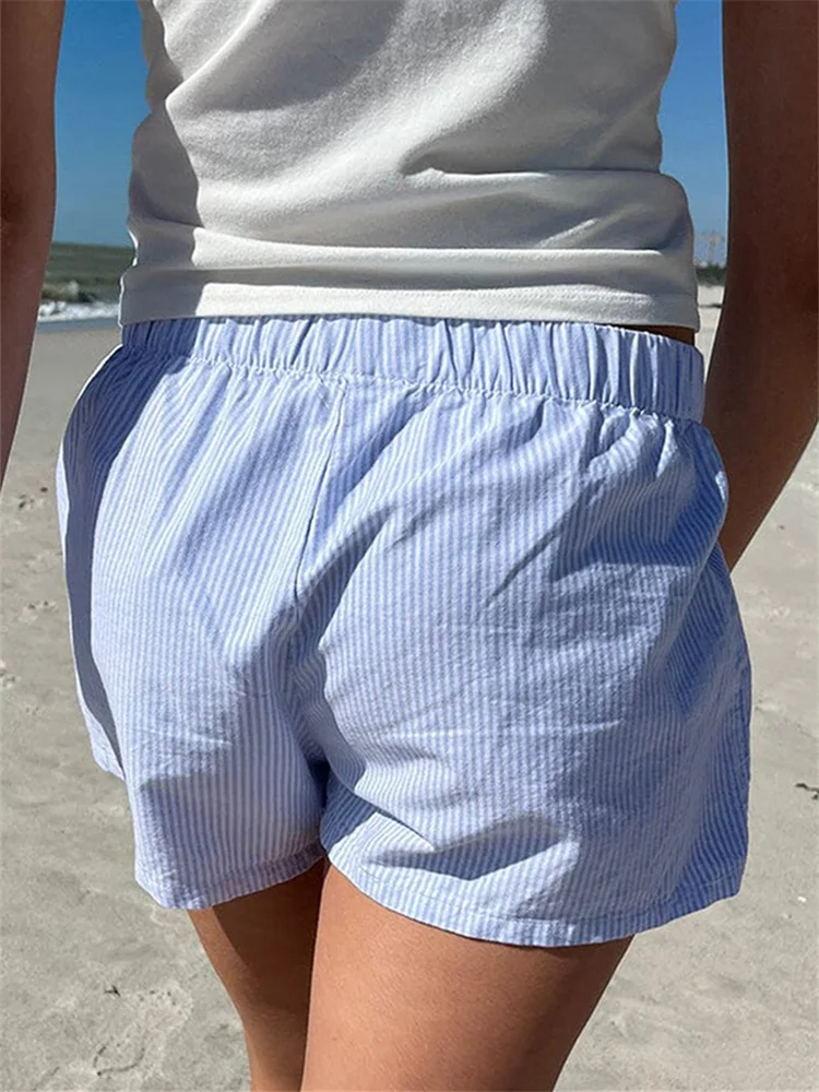 Casual Dames Korte Broek Met Knopen Aan De Voorkant, Casual Elastische Taille Geruit/Gestreepte Loungebroek Zomerboxershorts Streetwear