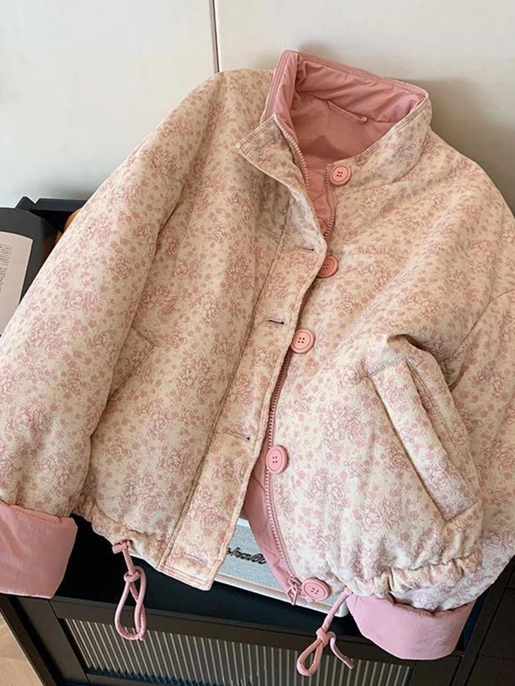 Korean Female Winter Stand Collar Cute Coat Floral Sweet Puffy Parkas Women Vintage Long Sleeve Thick Warm Cotton