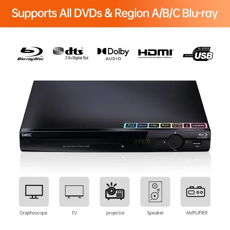 Reproductor de Blu-ray GIEC G2805, reproductor de DVD/VCD/CD, compatible con decodificación Dolby DTS, reproducción USB, disco duro BD25/50