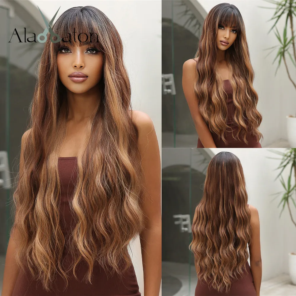 ALAN EATON Brown Highlight Synthetic Wigs with Bangs for Black Women Long Ombre Honey Brown Wave Wig Heat Resistant Hair Natural