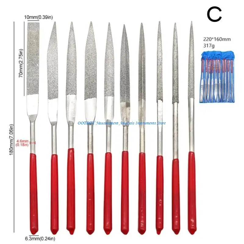 367d 10pcs Diamond File Set Plastic Handling Metal Stone Sticking Flat DiamondIgle