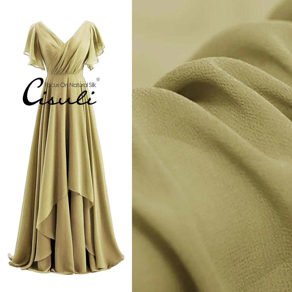 Luxury Silk Tulle Material 100% Pure Mulberry Silk Chiffon Georgette 10 momme Width 140cm Bridesmaid Dresses Material Camel 49