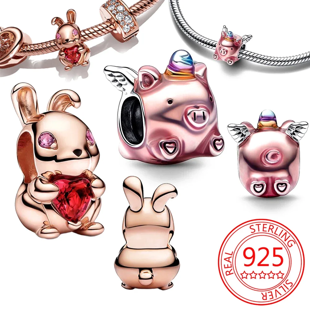 

925 Sterling Silver Rose Gold Flying Pig Rabbit Cat Elk Charm Beads Fit Pandora Original Bracelet for Women DIY Jewelry Gifts