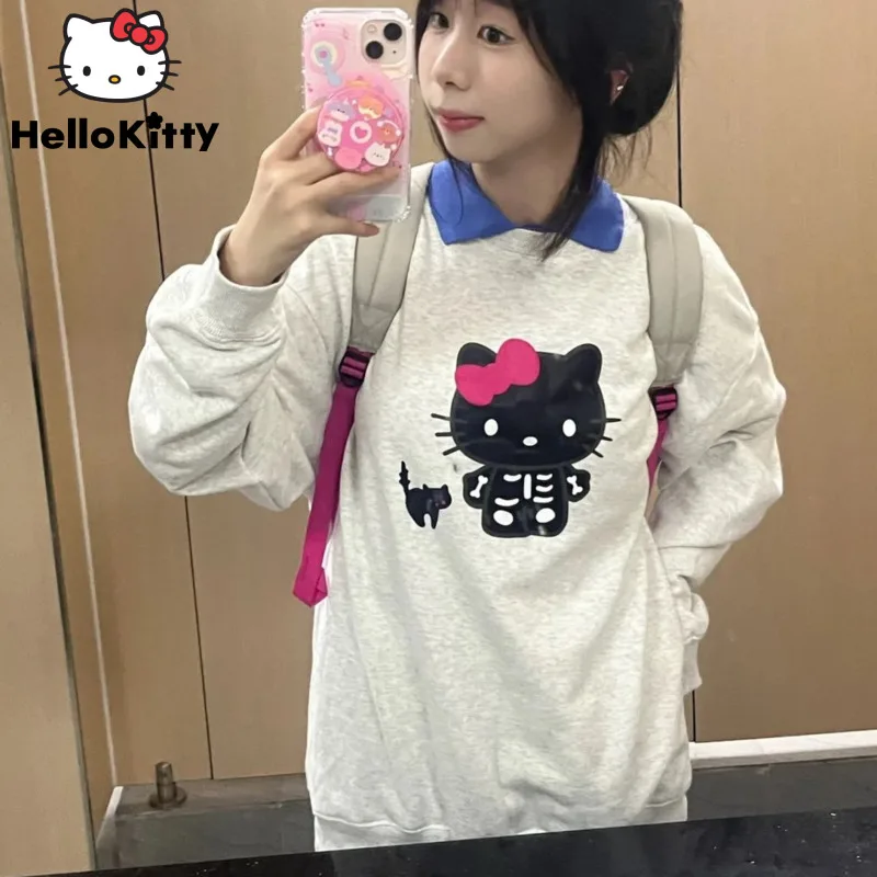 

Sanrio Hello Kitty Tops Cartoon Printed Round Neck Hoodie Women Autumn Winter New Loose Versatile Pullover Cute Sweatshirts Y2k