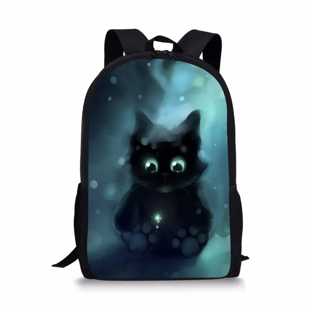 Mochilas escolares con diseño de gatos de fantasía negra, mochilas escolares para niños y niñas, mochila para estudiantes con pintura de animales pequeños de dibujos animados