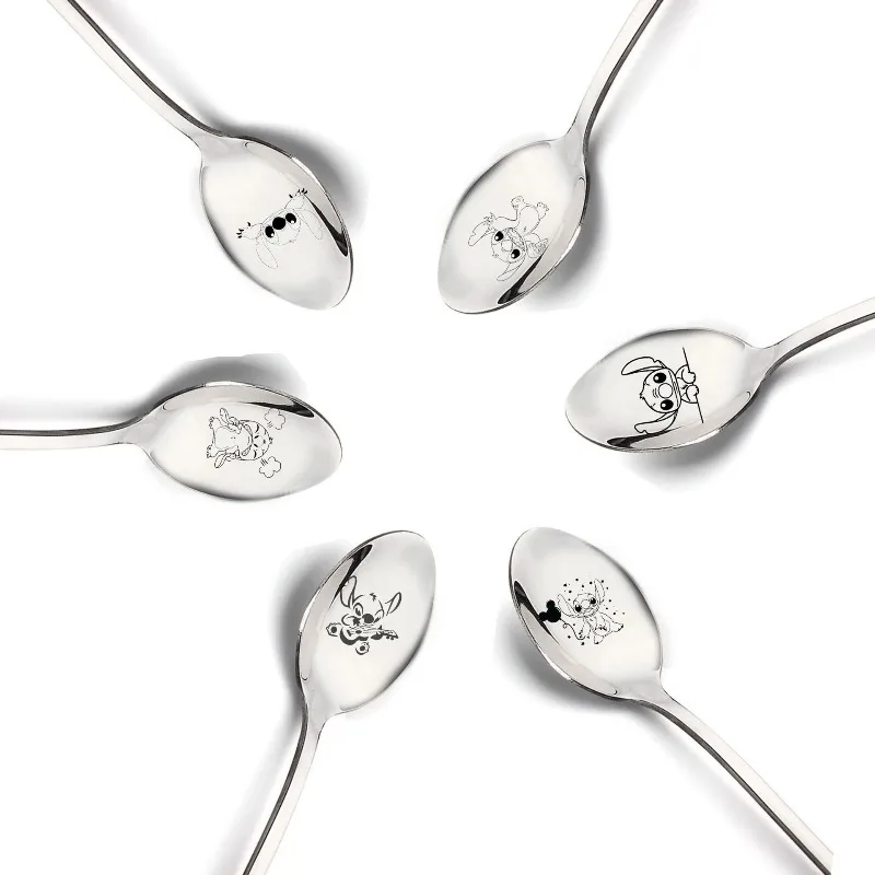 6pcs New Disney Stitch Kawaii Lilo & Stitch Spoon Tableware Cartoon Stainless Steel Spoon Long Handled Ice Cream Dessert Spoon