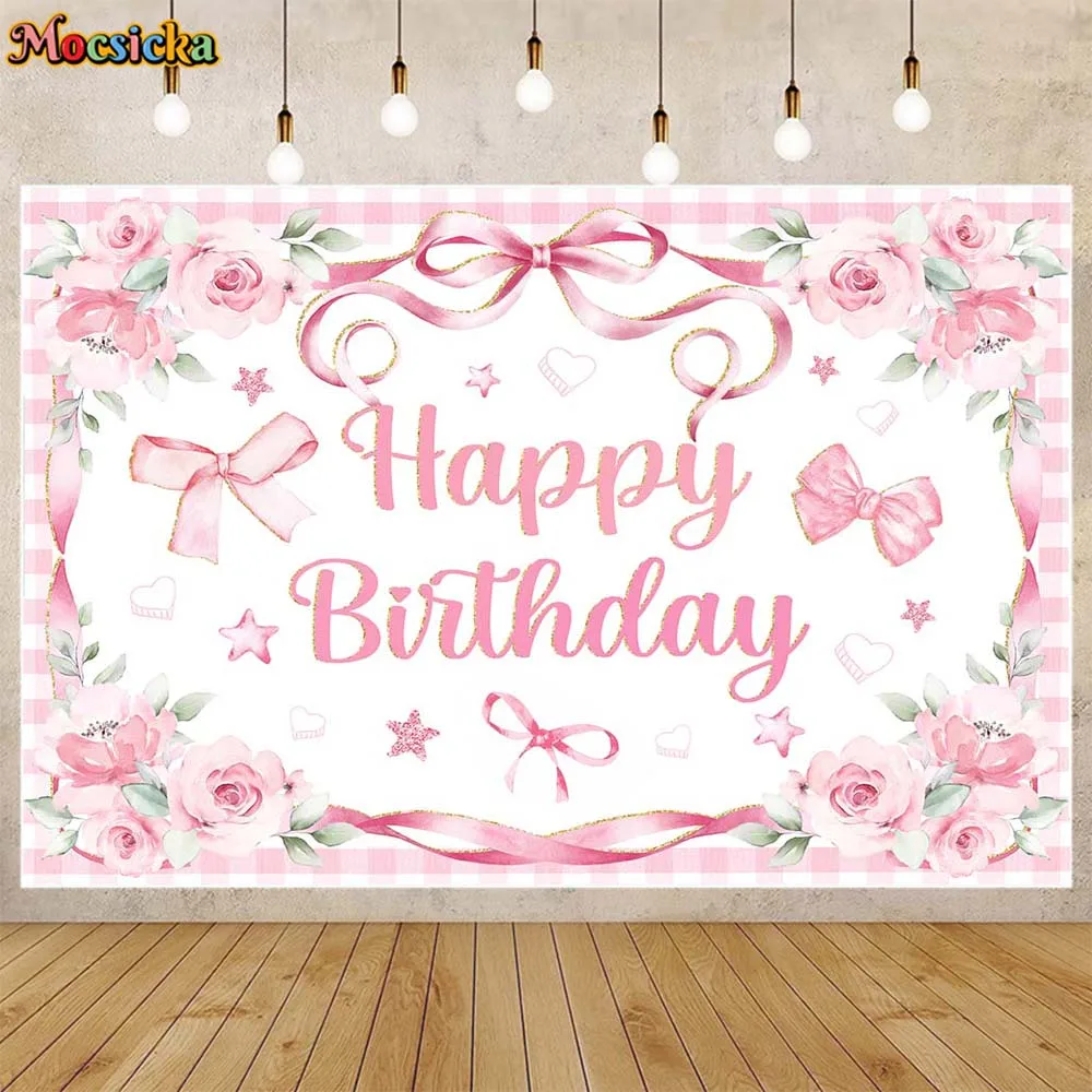 

Mocsicka Girl Birthday Background Pink Ribbon Bow Flower Baby Sweet Birthday Party Decor Backdrop Photocall Dessert Table Banner