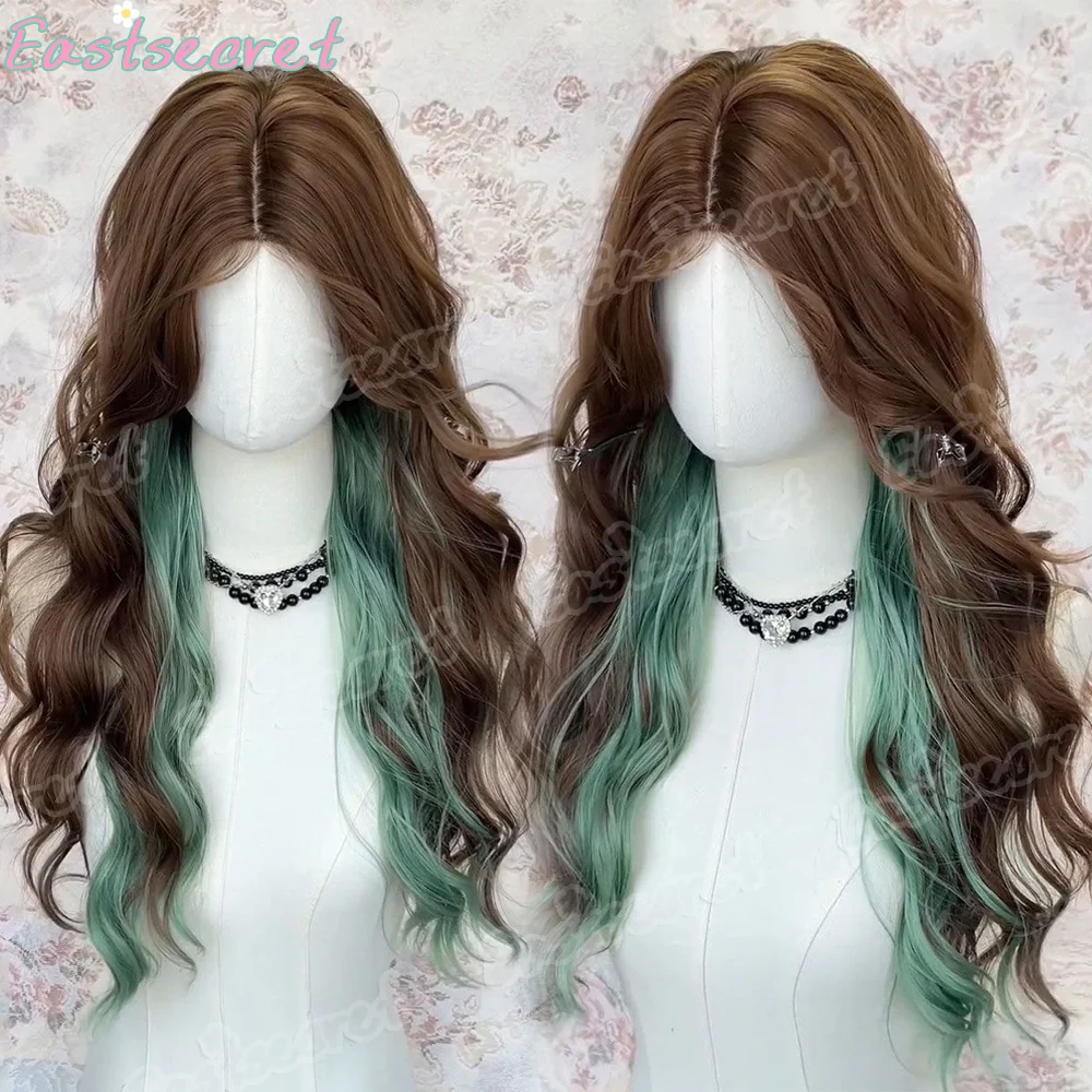 

Парик шнурка на лоб темно-коричневого цвета с прикосновением зеленого цвета Длинные вьющиеся волнистые синтетические парики для женщин Парики Ежедневные волосы Термостойкие