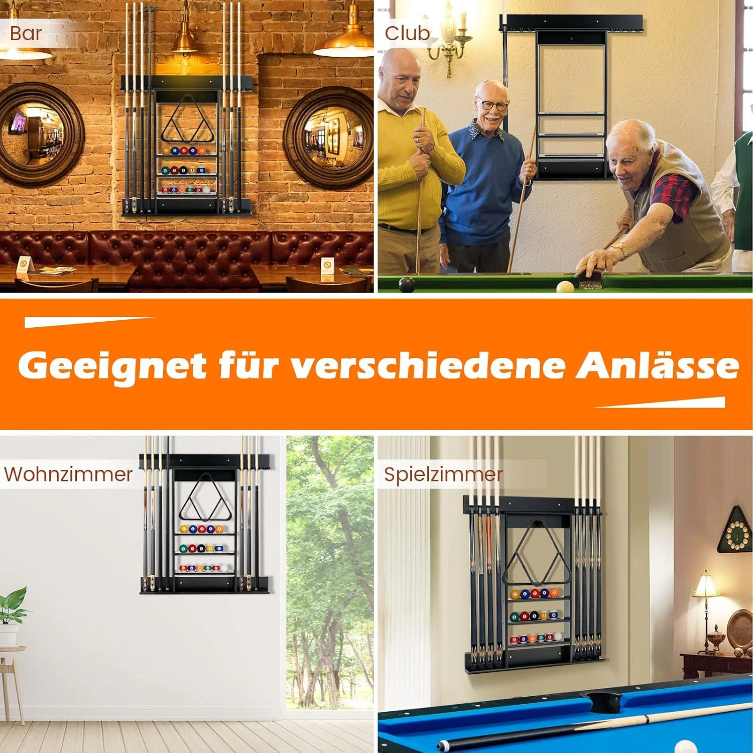 Wandmontierte Billardqueue-Halterung für 8 Queues, 15 Billardkugeln und 1 Queue-Ständer, Kiefernholz – Detail 1