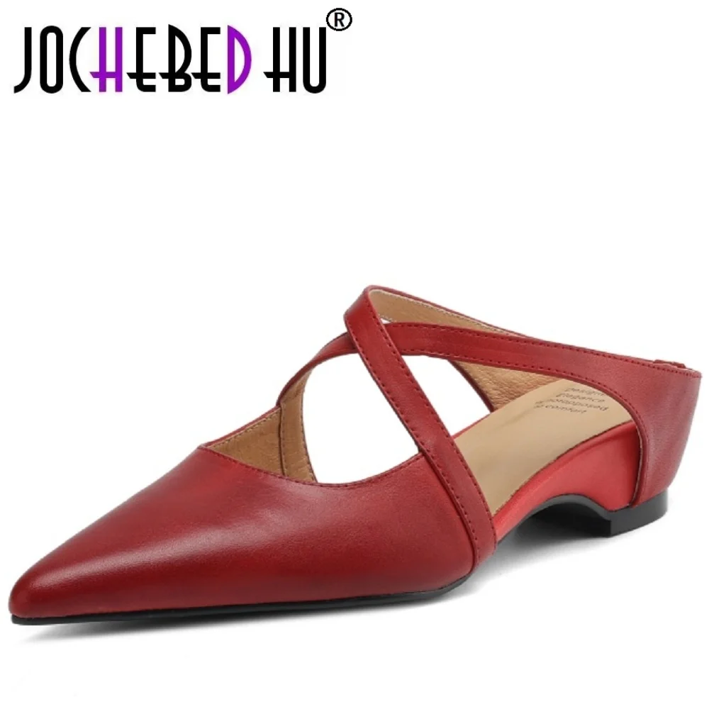 

【JOCHEBED HU】Женская обувь ручной работы из натуральной кожи с перекрестным ремешком и острым носком, новые стираные туфли на толстом низком каблуке 34-40