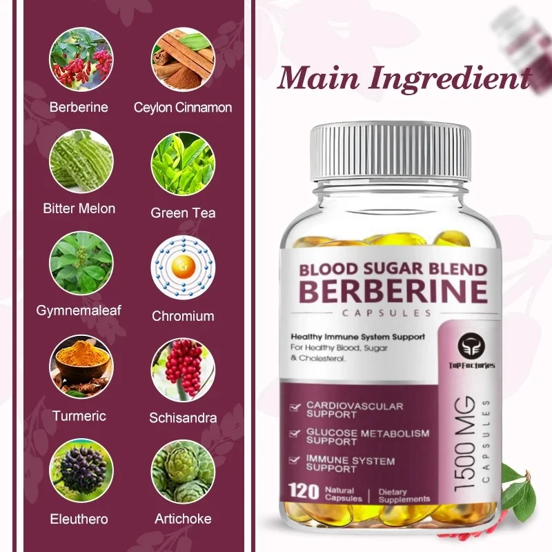 Berberine Supplement 1500mg Support Cardiovascular, Blood Pressure & Sugar High Potency With Ceylon Cinnamon, Turmeric Vegan