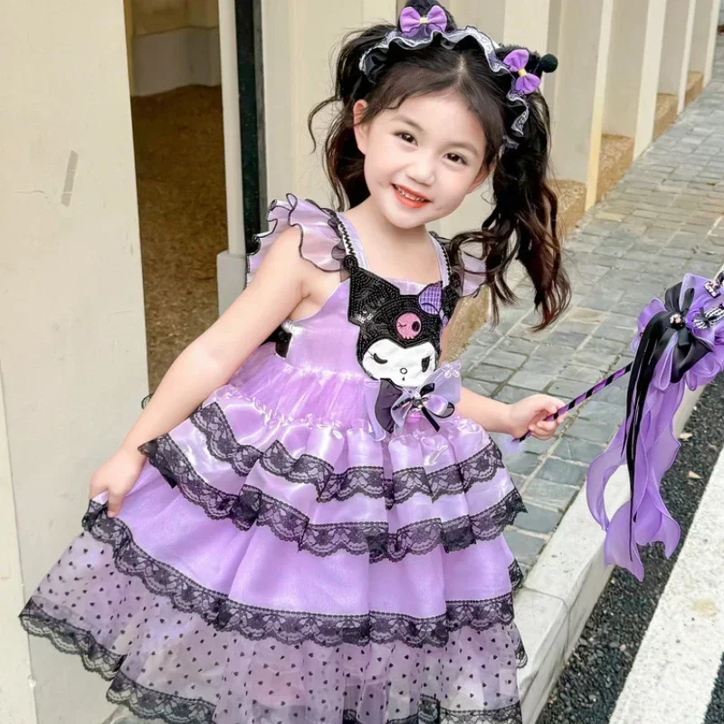 Vestido anime Sanrio Kuromi Lolita para meninas, saia de princesa, cosplay infantil, presente de festa de aniversário, primavera e outono, 2024